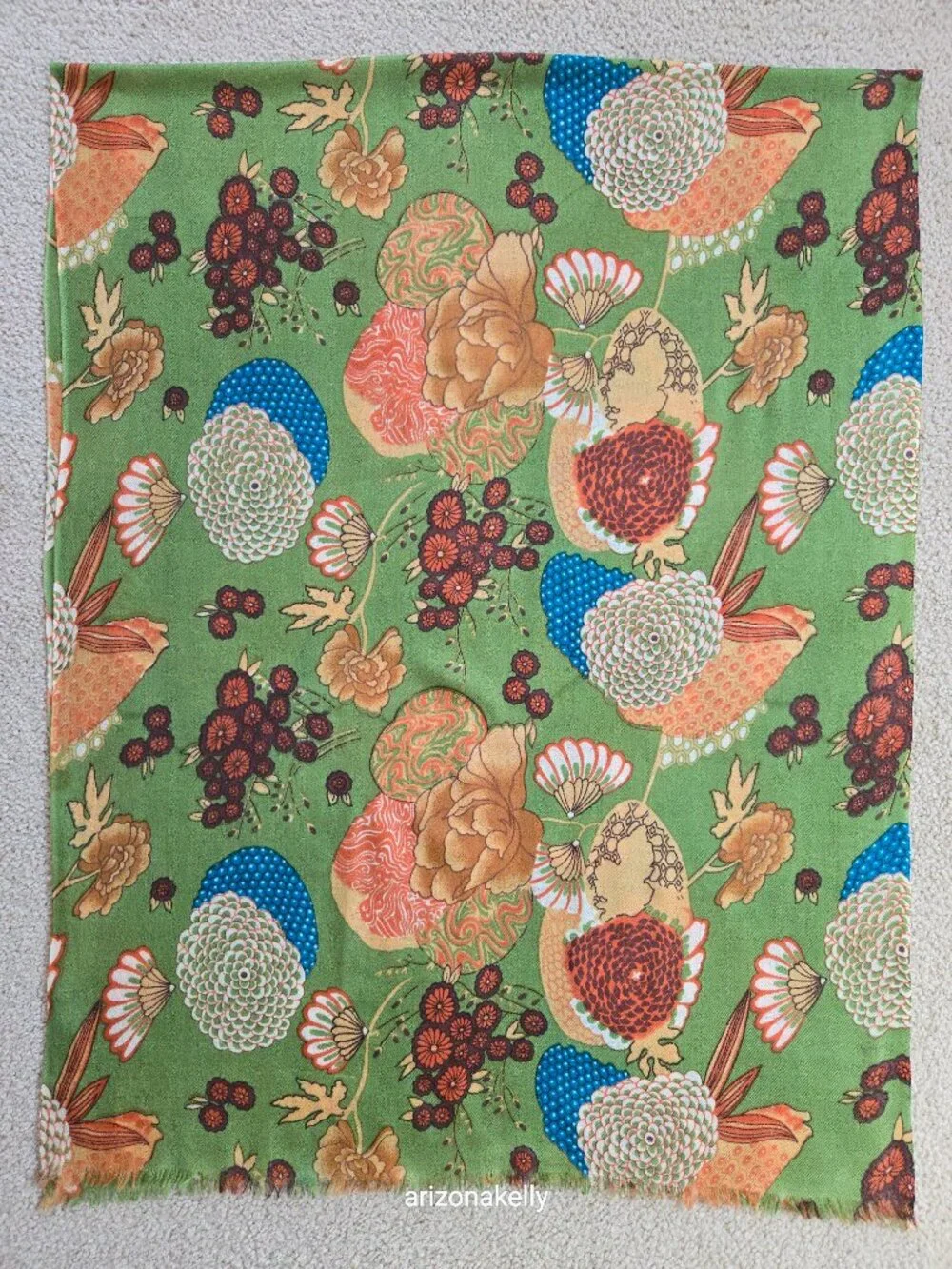 J. Peterman Scarf Wool/Silk Blend Botanical Flowers Green